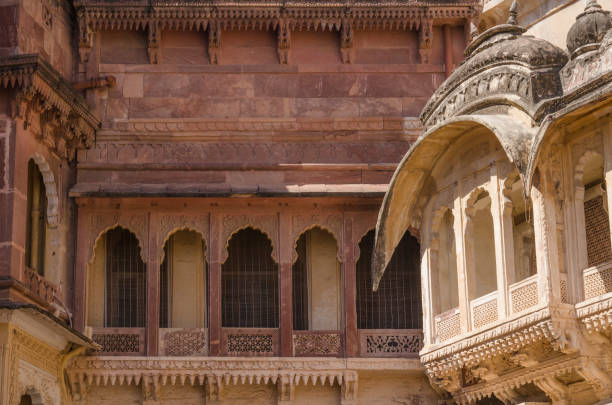 Mehrangarh fort, exterior architecture details and carvings, one of the largest forts in India, Famous tourist landmark, UNESCO World heritage site, Jodhpur, Rajasthan, India, Asia.