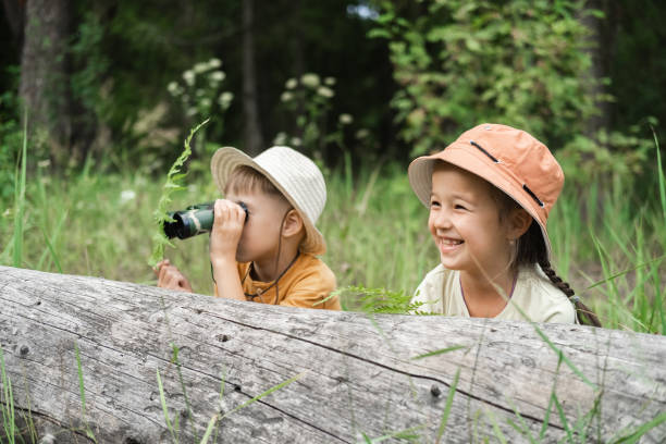 istock Small children are exploring the forest, looking through binoculars from the shelter. 2168728888