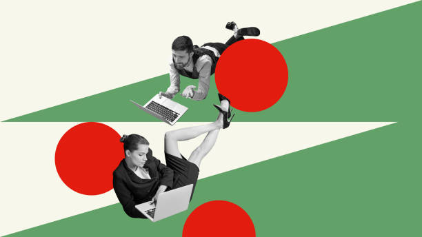 istock Man and woman, colleagues working laptops atop stylized tree, with red ornaments. Remote work. Balancing productivity with holiday spirit. Contemporary art collage. 2168733044