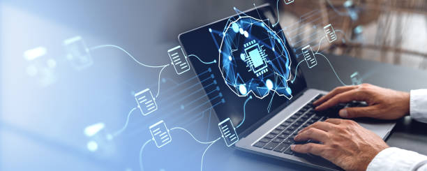 istock Man using laptop, AI document management and brain hologram hud 2168735200