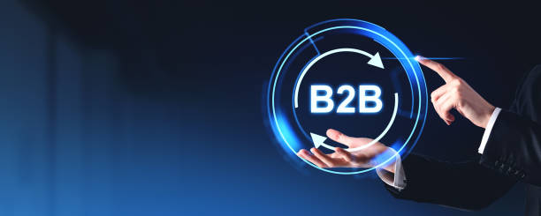 istock Businessman hands with b2b circle hologram, copy space 2168735265