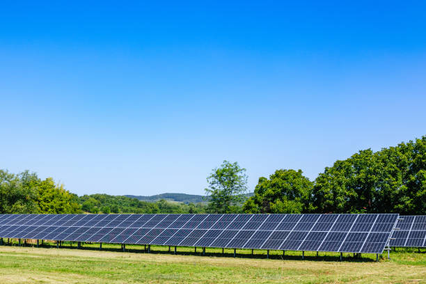 istock Tilted solar panels in agricultural field under the clear sky 2168739080