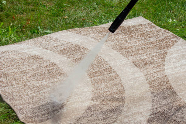 istock washing the carpet with a high pressure washer. Selective focus 2168739350