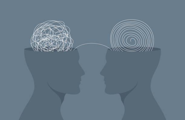 istock Human silhouettes facing each other with tangled and untangled balls in their heads. Flat vector illustration 2168739706