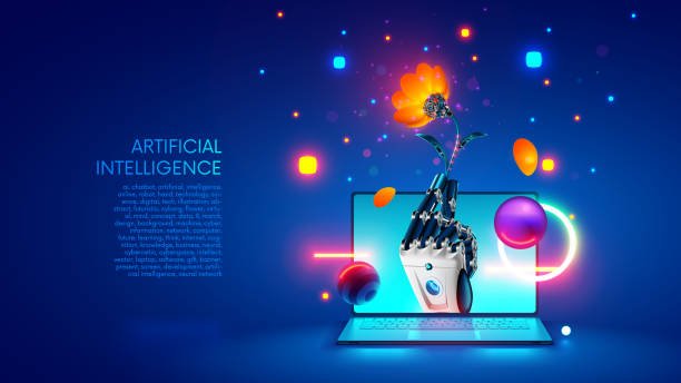 istock Artificial intelligence gives a flower of knowledge. Robot hand. Robot hand with flower sticks out of screen laptop. Concept Software development with help AI. Online chatbot with AI. 8 march tech. 2168743459