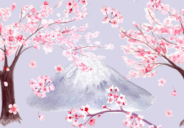 istock Pink sakura tree, branch, flowers and a mountain seamless pattern on pastel purple. Watercolor hand painted high quality nature design elements great for textile, packaging, oriental design, wallpaper 2168745050