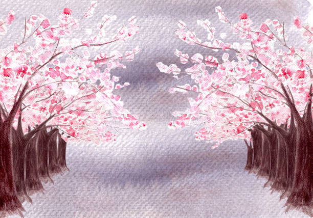 istock Pink sakura tree alley on purple granulated background horizontal card. 2168745642