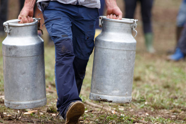 A man carrying two milk pots in a rural sports competition stock photo
