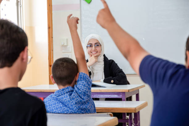 Students raising their hands to answer the teacher question