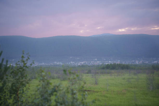 A serene view of green fields leading to mist-covered mountains at sunrise, with a pinkish sky overhead, creating a tranquil and peaceful atmosphere.