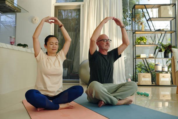 Practicing Yoga Indoors with Calm Expressions