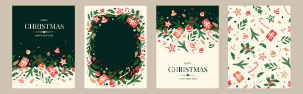 Set of vertical banners with green and red Christmas symbols. Christmas gifts, decor and branches of plants and trees. Winter background with place for text. Seamless pattern. christmas stock illustrations