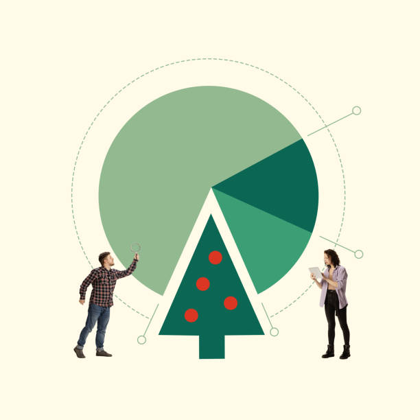 istock Poster. Contemporary art collage. Colleagues analyze pie chart that transforms into Christmas tree, illustrating fusion of data-driven work with festive joy 2168764210