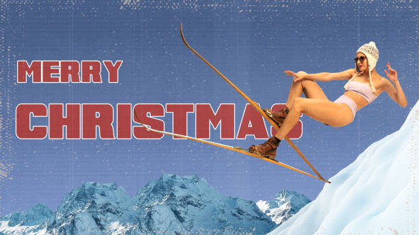 istock Poster. Contemporary art collage. Skier floats in mid-air, while bold, rustic typography sets cheerful holiday tone. Textured effect. 2168766906