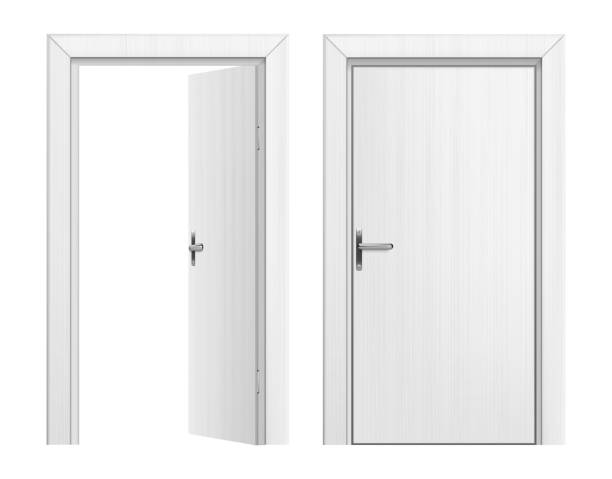 istock Close and open door, isolated set of interior design for home, apartment or house. Vector simple wooden doors design with handle and frame, modern minimalistic entrance to room or dwelling 2168772557