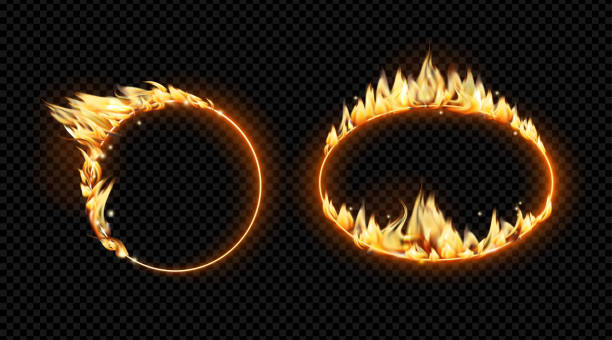 istock Burning borders with tongues of flame. Vector isolated set of circles with blazing fire. Realistic frames with burning lines, performance or glowing light, game design, fiery hoop or portal 2168772558