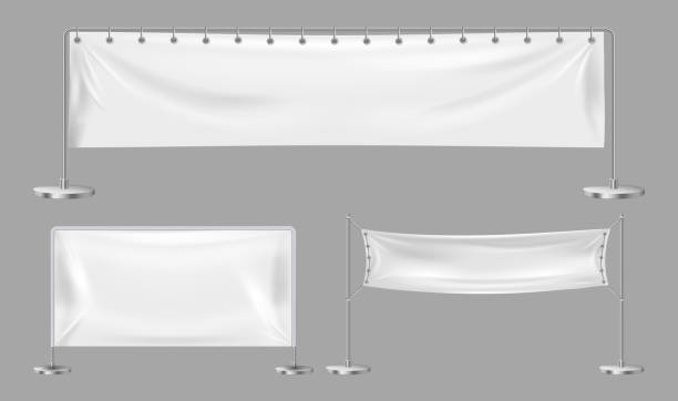 istock Empty blank textile banners with standing poles. Vector isolated set of realistic signboards for advertising. White canvas hanging on chrome stand. Horizontal pennants for brand identity 2168772568