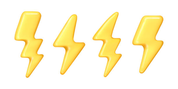 istock Electric discharge, yellow powerful thunderbolt, natural force. Vector isolated set of 3d bolts icons for game design or UI. Forceful voltage, electricity sign, storm or bad weather symbol 2168772600