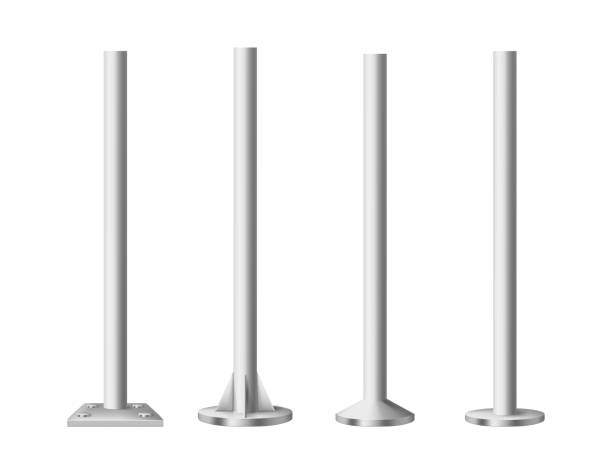 istock Metal poles. Vector realistic columns. Template design for urban advertising banners. Set of glossy steel pipes various shapes. Chrome pillars for billboard and streetlight or construction 2168773167