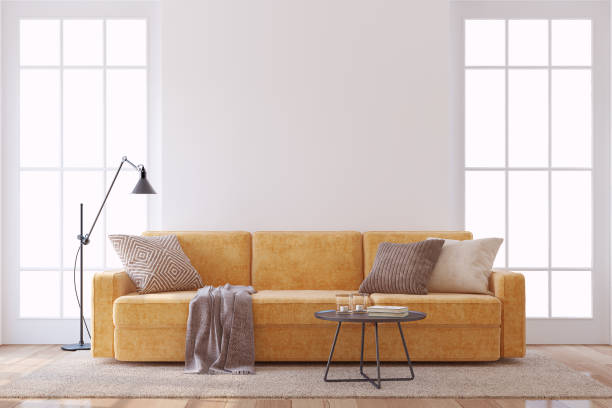 istock Modern living-room interior with bright orange couch. 3d render. 2168774638