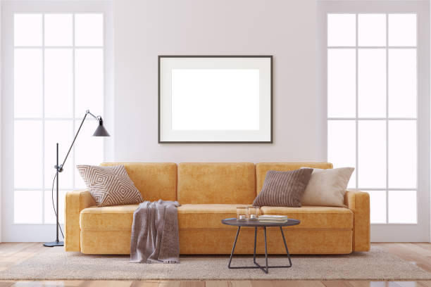 istock Modern living-room interior with bright orange couch. 3d render. 2168775669