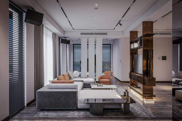 istock Modern Living Room Interior Design With Large Windows And A Grey Sofa 2168779817
