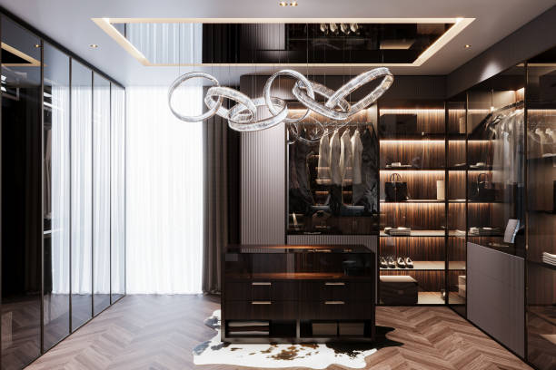 istock Dressing room with a walk-in closet, featuring a large chandelier floor-to-ceiling 2168780187