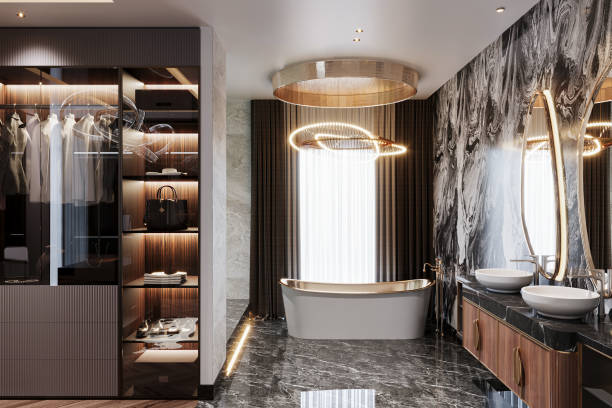 istock Opulent bathroom featuring marble surfaces and a freestanding bathtub 2168780264