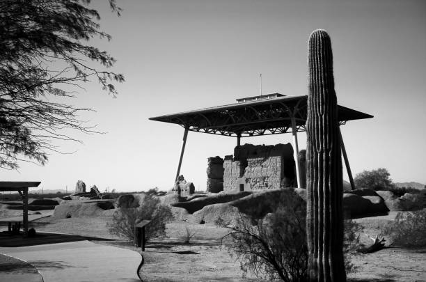 Casa Grande Ruins National Monument of the Pre-columbian Hohokam native Americans in Arizona USA Black and white