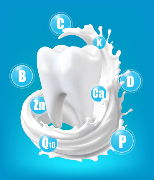 istock Healthy tooth with white milk vitamins mineral gold. Glossy drop pill capsule. Essential nutrients for  teeth,Calcium, Zinc. Medical and health concepts. 3D Mesh gradient wes. 2168799118