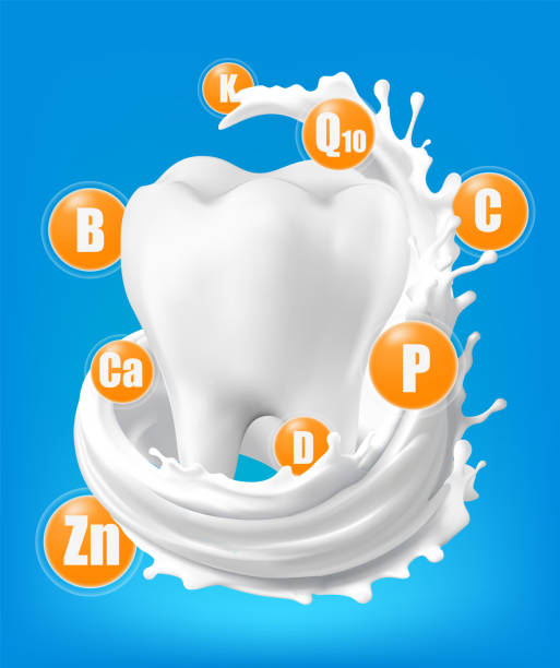 istock Healthy tooth with white milk vitamins mineral gold. Glossy drop pill capsule. Essential nutrients for  teeth,Calcium, Zinc. Medical and health concepts. 3D Mesh gradient wes. 2168799147