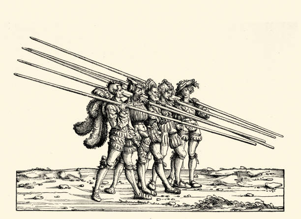 Five infantry soldiers carrying spears or pikes, Renaissance art, Parade, The Triumph of Maximilian I Holy Roman emperor, 16th Century, German woodcut