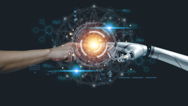 istock AI technology concept, Machine Learning, Robot hand touching human hand. to connect with global data 2168807132