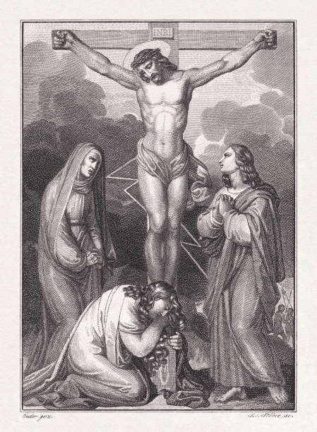 istock The crucified Jesus, Mary, Magdalene, and John, copper engraving, 1831 2168808630
