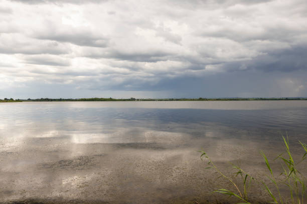 lake and trees before a storm, lake and sky with clouds in cloudy weather