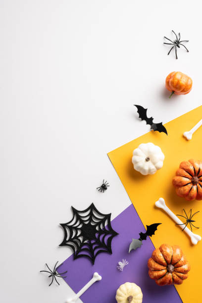istock Creative Halloween vertical flat lay with pumpkins, spider webs, and bats on a colorful background. Perfect for seasonal celebrations and spooky themes 2168812067