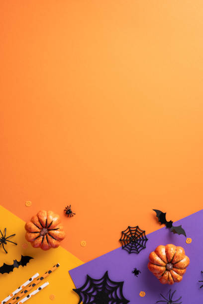 istock Halloween vertical themed background with pumpkins, spiders, and bats on a colorful backdrop. Perfect for seasonal celebrations and festive designs 2168812081