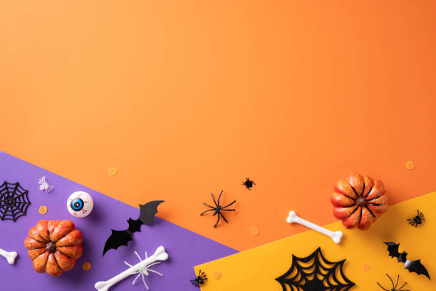 istock Creative Halloween background featuring pumpkins, bats, spiders, and other spooky decorations on an orange and purple surface 2168812082
