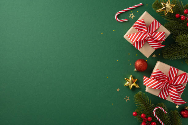 Christmas-themed image featuring gift boxes with red ribbons, candy canes, and ornaments on a green background creating a warm festive atmosphere