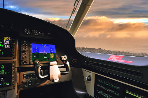 Modern helicopter point view of flying at sunset sky.