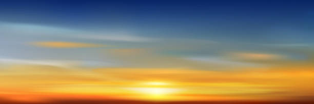 istock Sunset Sky,Cloud Background,Sunrise by Beach with OrangeYellow,Blue.Autumn Nature Landscape Dramatic Golden Hour with twilight Sky in Evening after Sundown,Vector Horizon Banner Sunlight in Winter 2168822090