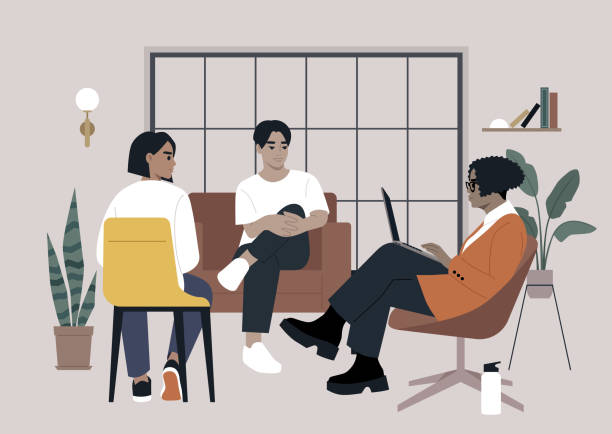 ilustraciones, imágenes clip art, dibujos animados e iconos de stock de tres colegas entablan una animada conversación en una sala de estar bien decorada, disfrutando de la calidez de la amistad y compartiendo sus pensamientos cómodamente - cotrabajo