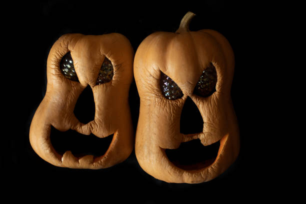 Two orange scary and cute pumpkins on a black background, smiling face autumn Halloween holiday, festival celebration, decoration,