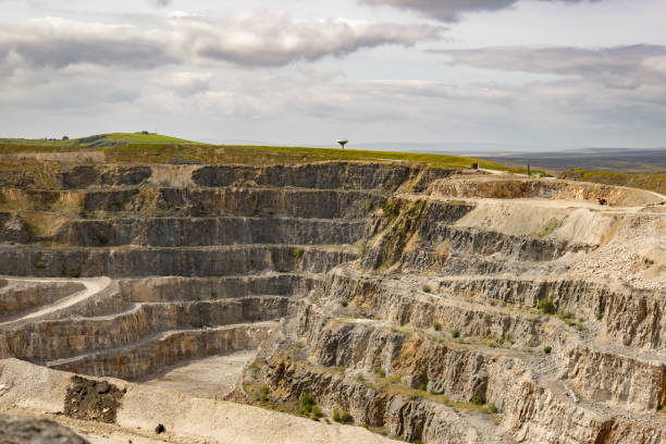 Aerial view of a large quarry in Racine County, Wisconsin, on a sunny day in Fall.