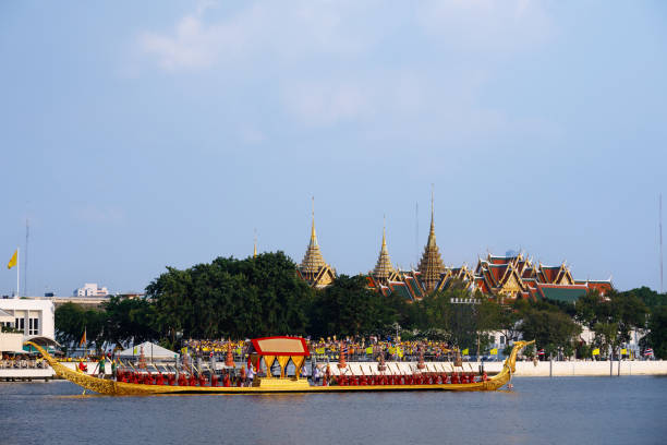 BANGKOK, THAILAND - OCT 17 2019: The Royal Barge in Chao Phraya river to be used in the royal coronation ceremony of His Majesty the King of Thailand