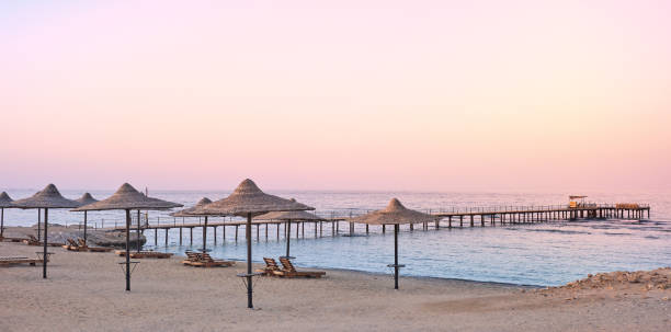 istock Photo of an empty beach at a purple sunset. 2168845721