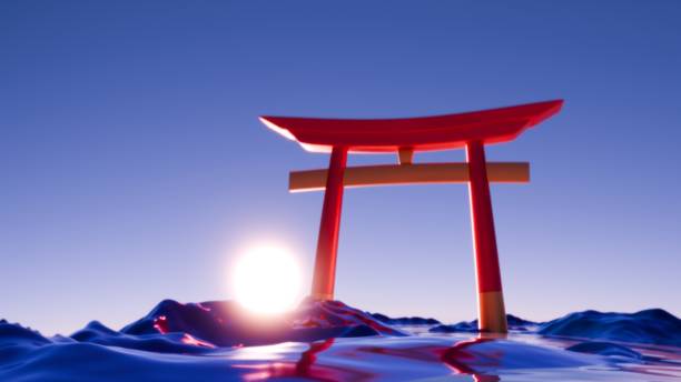 istock Sunset Over Tranquil Waters: Abstract Torii Gate in Minimalist 3D Art 2168846625