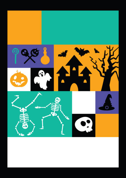Halloween Party Poster Graphic A4 Template Dancing skeletons, ghosts, creepy skull, laughing pumpkin, vampire castle with bats on back of colorful tiles. Halloween party poster graphic a4 template. Vertical illustration for printing. Vector scribbly gum stock illustrations