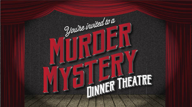murder mystery dinner theater event einladung designvorlage mit altmodischem roten bühnenvorhang - bühnentheater stock-grafiken, -clipart, -cartoons und -symbole