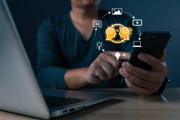istock Man touch smartphone icon and use ai generates multimedia, marketers education, research, analyze media video streaming content creation and online marketing strategies to grow their digital business 2168857450